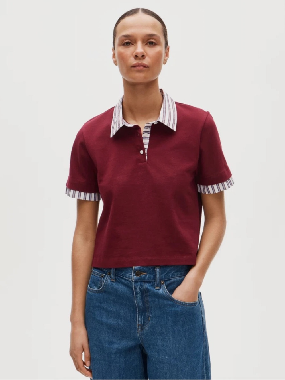 J. Crew Burgundy Polo Tee with Striped Collar